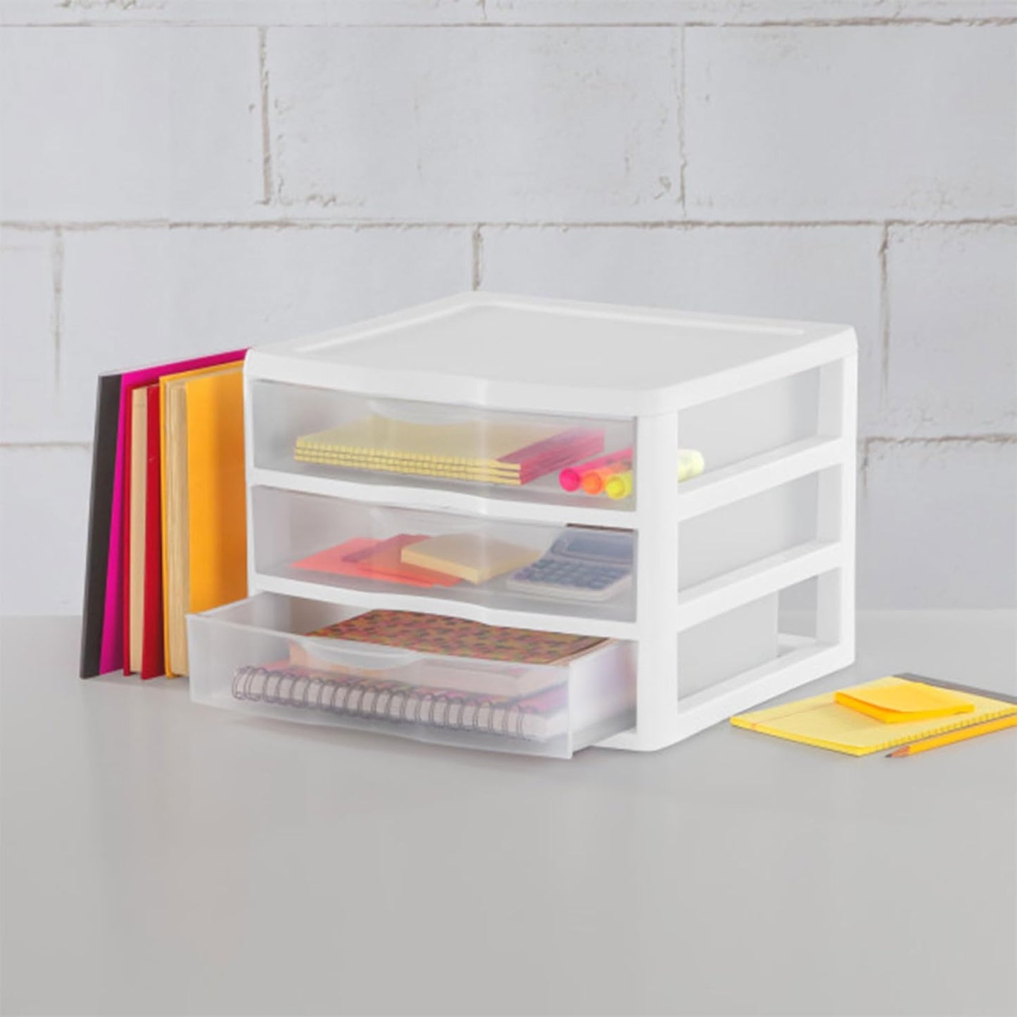 Sterilite 12-Pack Wide 3 Drawer Unit, Plastic Desktop Organizer with Clear Drawers, White Frame - Stackable Multi-Purpose Storage for Office Supplies, Craft Rooms, Classrooms and Home Organization