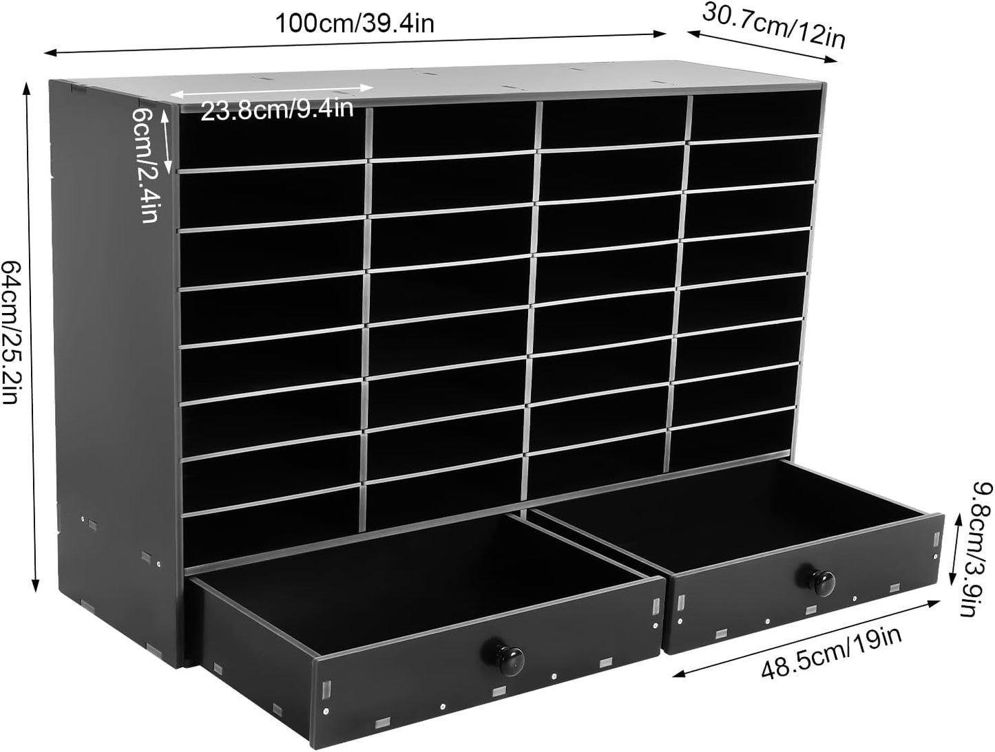 Adjustable Literature Organizer, 32 Compartments Mail Sorter Organizer with 2 Drawers, PVC Desktop File Sorter, Classroom Mailbox Office Mailbox Cubbies for Office, Home, Study Room Black