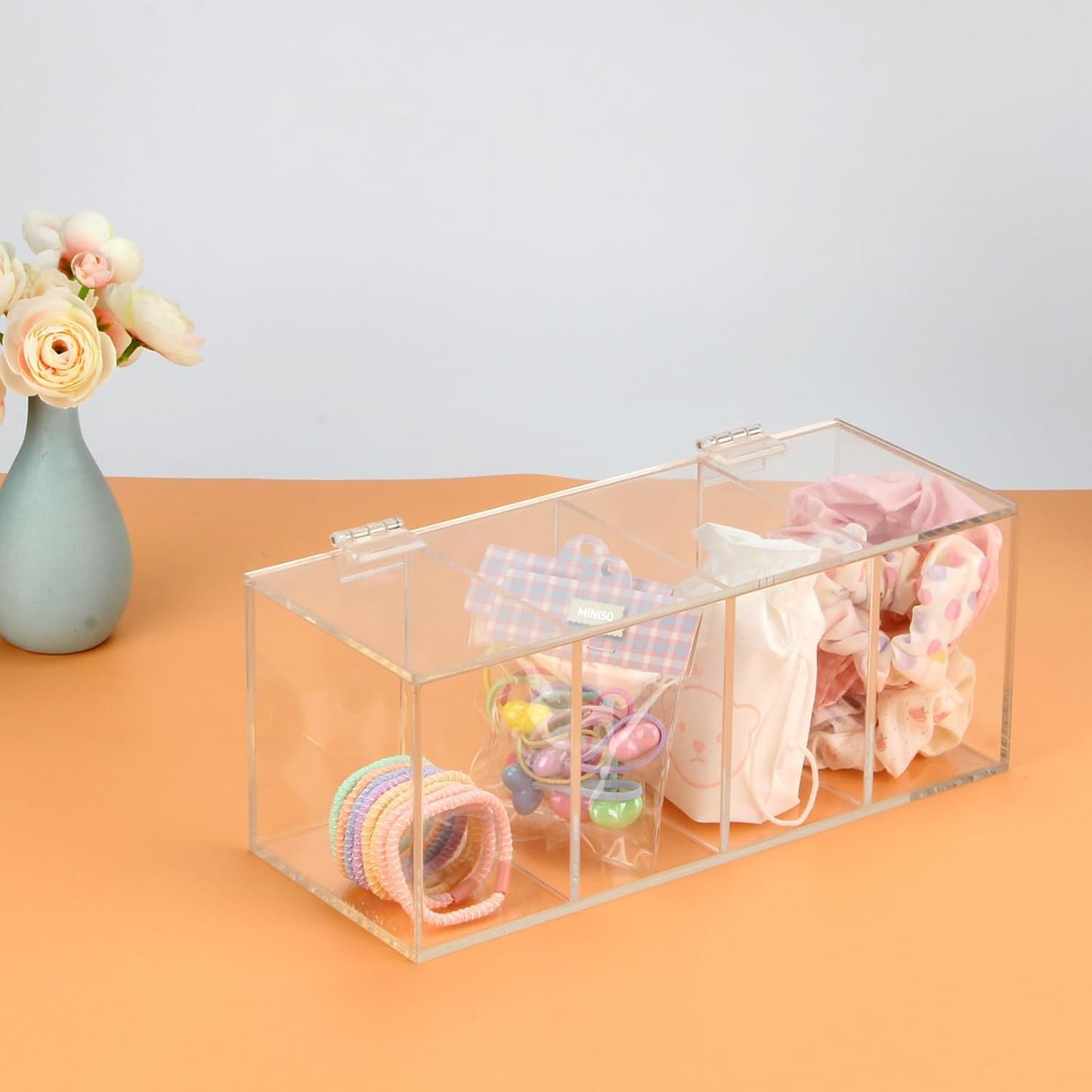 Hair Accessories Organizer for Girl, Acrylic Hair Tie Organizer Scrunchie Holder with Divider for Headband, Hair Clip, Cotton Swab, Cosmetic Cotton, Storage Box with Lid for Jewelry