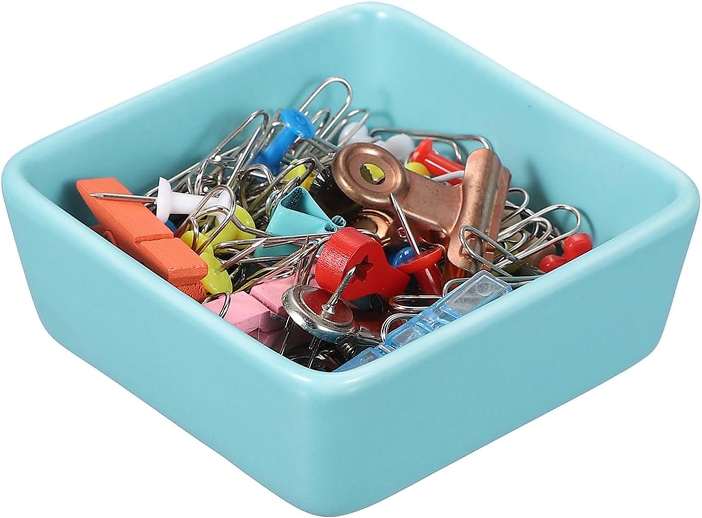 PATIKIL Square Paper Clip Holders, Ceramic Bowl Dish Clip Dispenser Organizer Desk Organizer Accessories for Office Desktop Decor Bobby Pin Binder Paper Clamp, Light Blue