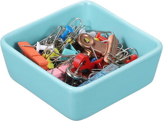 PATIKIL Square Paper Clip Holders, Ceramic Bowl Dish Clip Dispenser Organizer Desk Organizer Accessories for Office Desktop Decor Bobby Pin Binder Paper Clamp, Light Blue