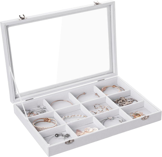 Frebeauty Velvet Jewelry Tray,12 Grid Jewelry Organizer with Clear Lid,Bracelets Holder,Jewelry Display Case with Clasp,Drawer Insert Bangle Brooch,13.8 x 9.5 x 2 Inches,Gift for Women Girls(White)