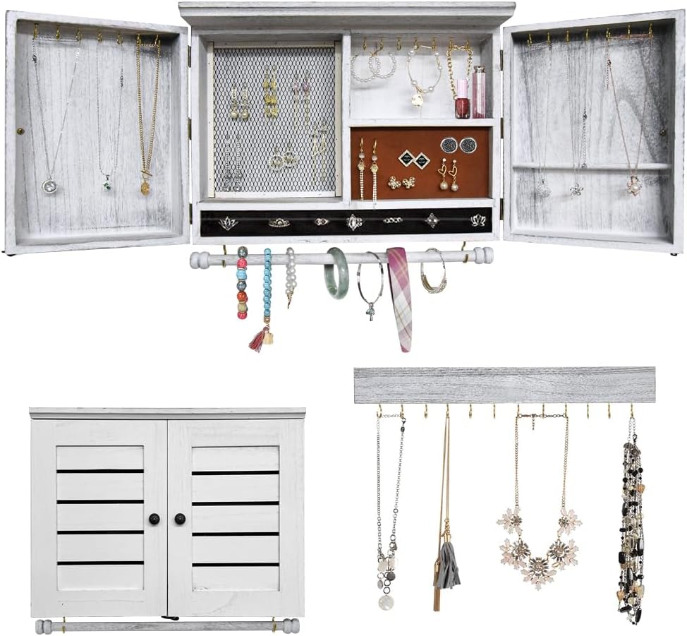 Rustic Wall Mounted Jewelry Organizer,Vintage Wooden Hanging Jewelry Holder Box with Barndoor Decor for Necklaces, Earings, Bracelets, Rings, Accessories. Includes Hook Organizer (MILK WHITE)