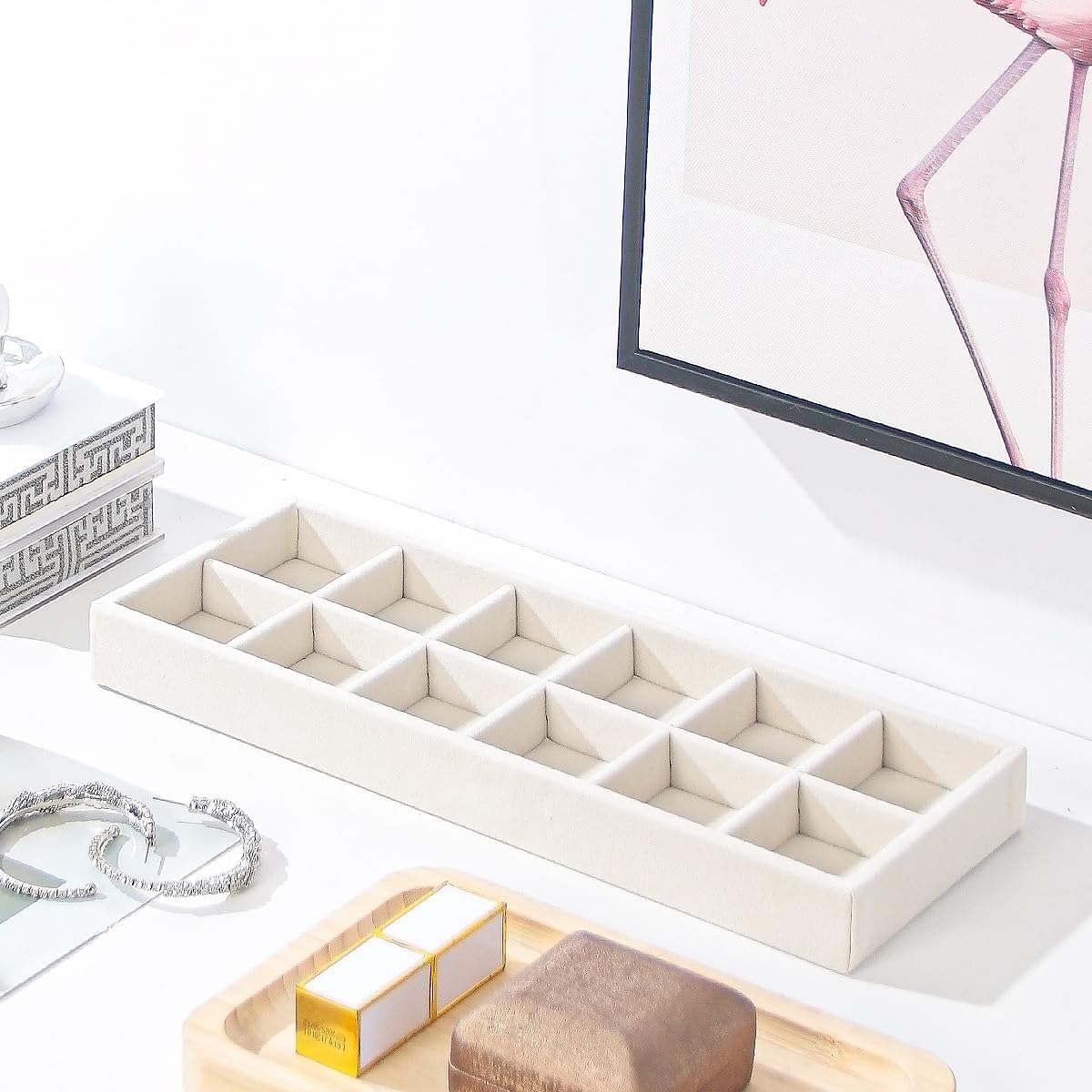 2Pcs Desk Drawer Storage Tray, Nightstand Organizer Tray, Necklace Bracelet Ring Earring Jewelry Display Tray, Grid Table Organizer Holder Tray for Sunglass, Phone, Watch, Perfume (12 grid)/Beige