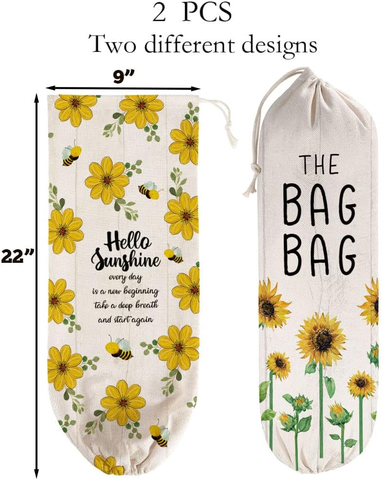 2Pcs Sunflower Plastic Bag Holder for Kitchen Essentials, Reusable Hanging Grocery Bag Organizer, Sunflower Gifts for Women, Washable Large Grocery Trash Bags Storage Dispenser