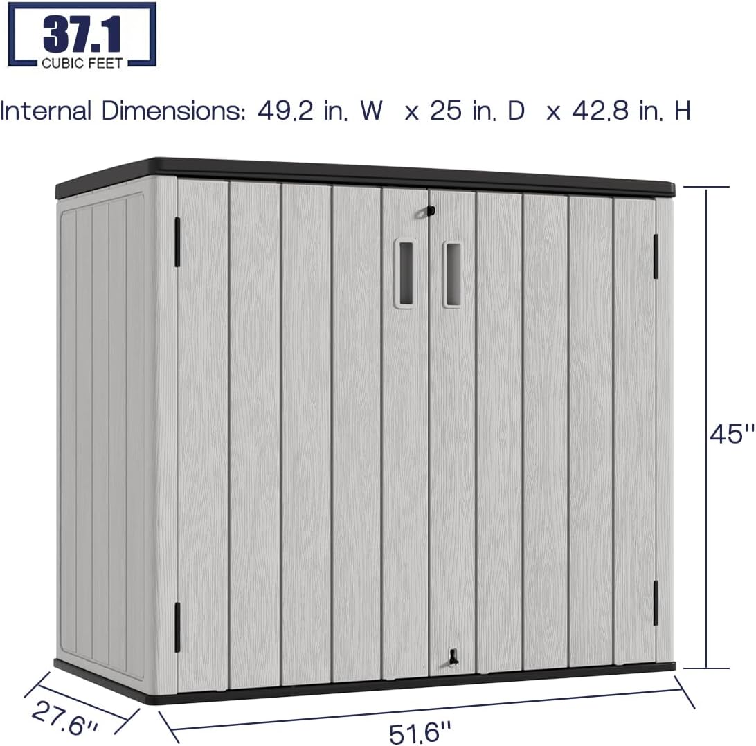 KINYING Outdoor Horizontal Storage Sheds,37 Cu.ft Outdoor Storage Cabinet Waterproof Resin Tool Storage Box for Lawn Mower,Garden Tools and Patio Furniture, Lockable (Grey)