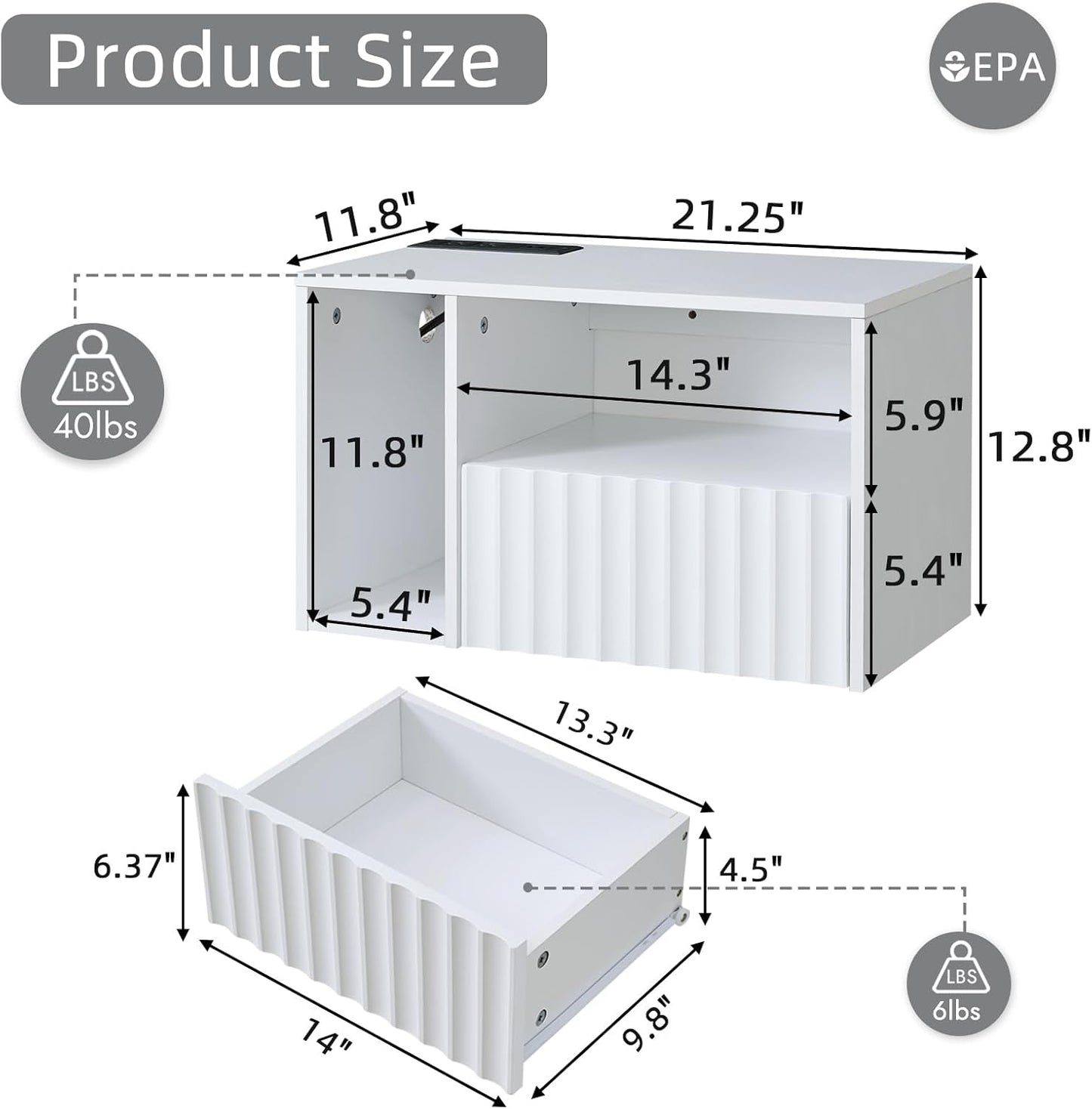 Modern Matte White Fluted Floating Nightstand with Charging Station, NightStand with Drawers, Bedside with USB Ports and Outlets, Bedroom Furniture(Left)