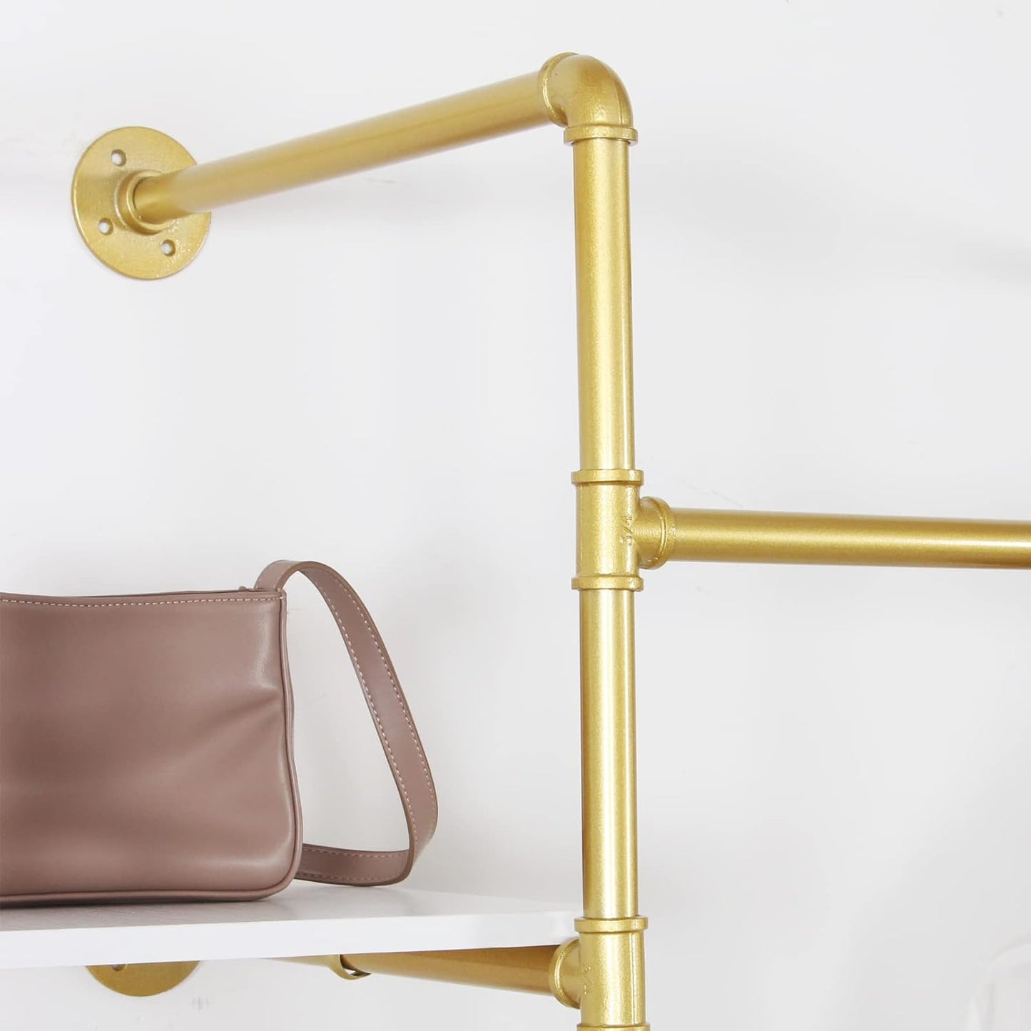 Garment Rack Heavy Duty Clothes Rack for Hanging Clothes, Metal Freestanding Closet Wardrobe Shelf, Gold Industrial Pipe Clothing Racks with Shelves Closet Rods System