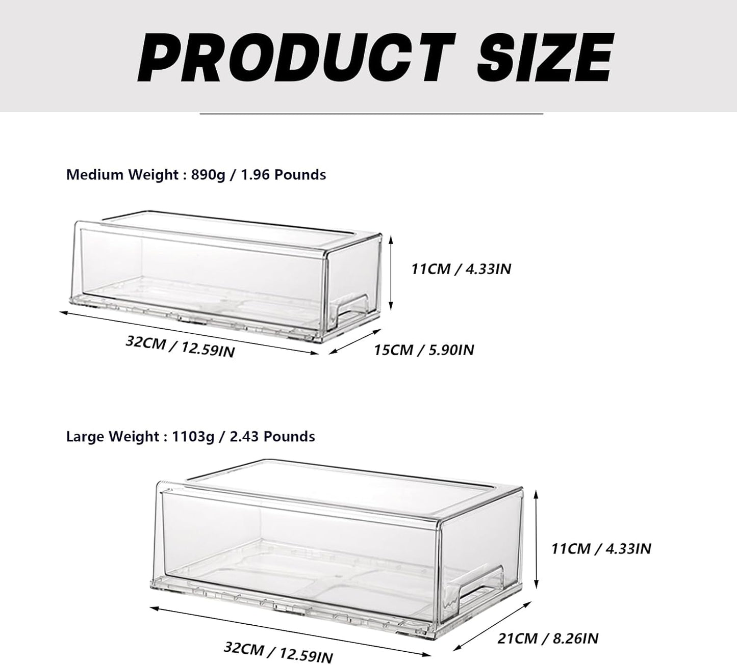 Stackable storage drawers, clear pull-out organizer with handles and non-slip pads for kitchen, refrigerator,office desktop, pantry and shelves, perfect for organization and storage (2 Pack, Medium)
