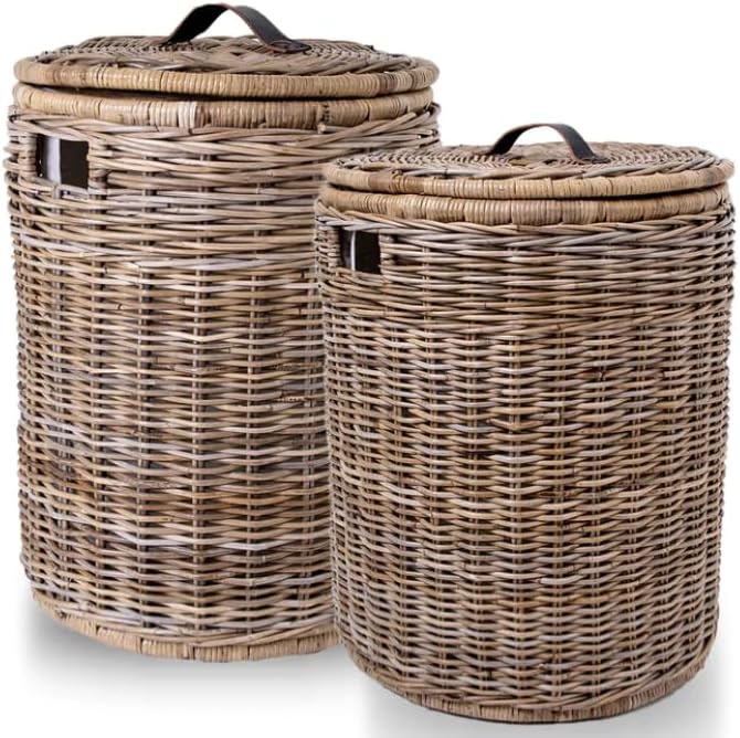 The Basket Lady Round Wicker Laundry Hamper, Large, 19 in Dia x 25 in H, Serene Grey…