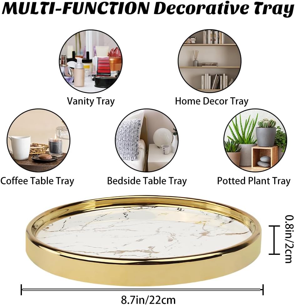 Round Marble Decorative Tray, Multi-Functional Storage Organizer for Vanity, Coffee Table, Jewelry, Perfumes and Home Decor, Luxury Accent Tray