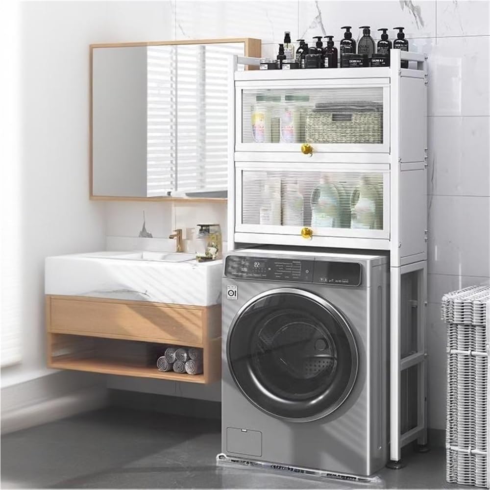Over Washer and Dryer Storage Shelf Freestanding Laundry Room Organizer Cabinet Gap Shelf for Bathroom Utility Room with Doors Space Saver(White)