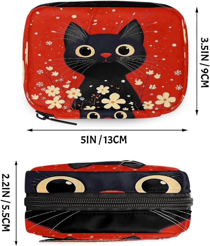 Retro Black Cat Flowers Pill Organizer Travel Medicine Case with Zipper Daily Vitamin Storage Bag Portable 8 Slot Weekly Pill Box Supplement Holder for Home Office Gym Travel
