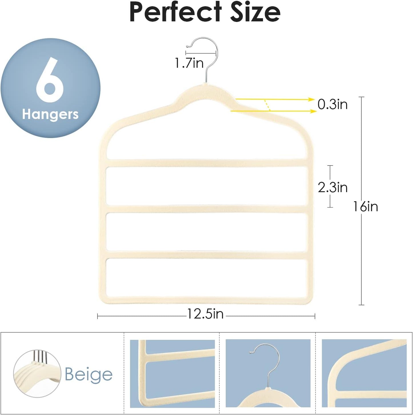Velvet Hangers Space Saving Non Slip Pant Velvet Hangers, DUDUCOFU 6 Pack Beige Multi Layer Clothes Hangers Closet Organizer for Pants Trousers Scarf