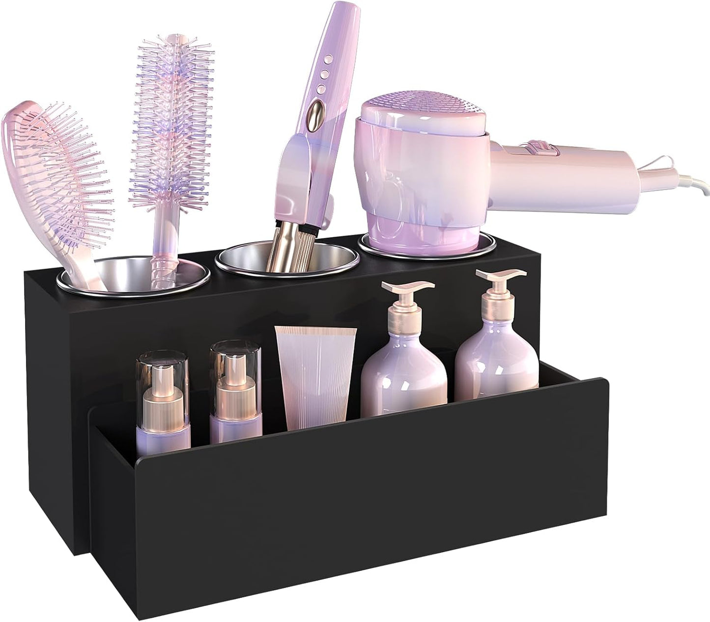 Hair Tool Organizer, Detachable Acrylic Hair Dryer Holder for Bathroom, Hair Styling Accessories Curling Iron Hot Tools Organizer with 3 Cups, Countertop Vanity Storage (Matte Black)