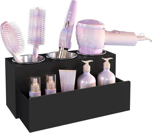 Hair Tool Organizer, Detachable Acrylic Hair Dryer Holder for Bathroom, Hair Styling Accessories Curling Iron Hot Tools Organizer with 3 Cups, Countertop Vanity Storage (Matte Black)