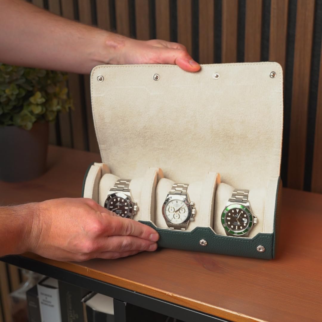 DailyWatch | Personalized Watch Roll Travel Case For 3 Watches - Handmade Genuine Leather Travel Case With Custom Engraving of Name or Initials - Dark Green Litchi