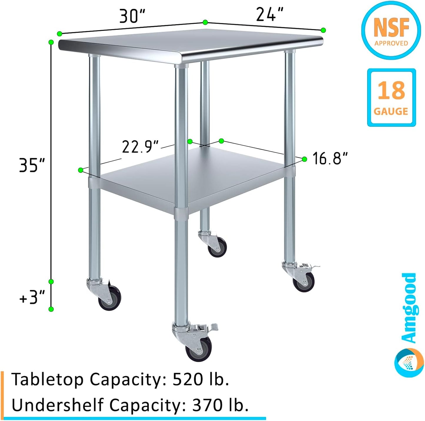 AmGood 24" x 30" Stainless Steel Work Table with Casters | Heavy Duty Metal Utility Table On Wheels | Kitchen Island Cart