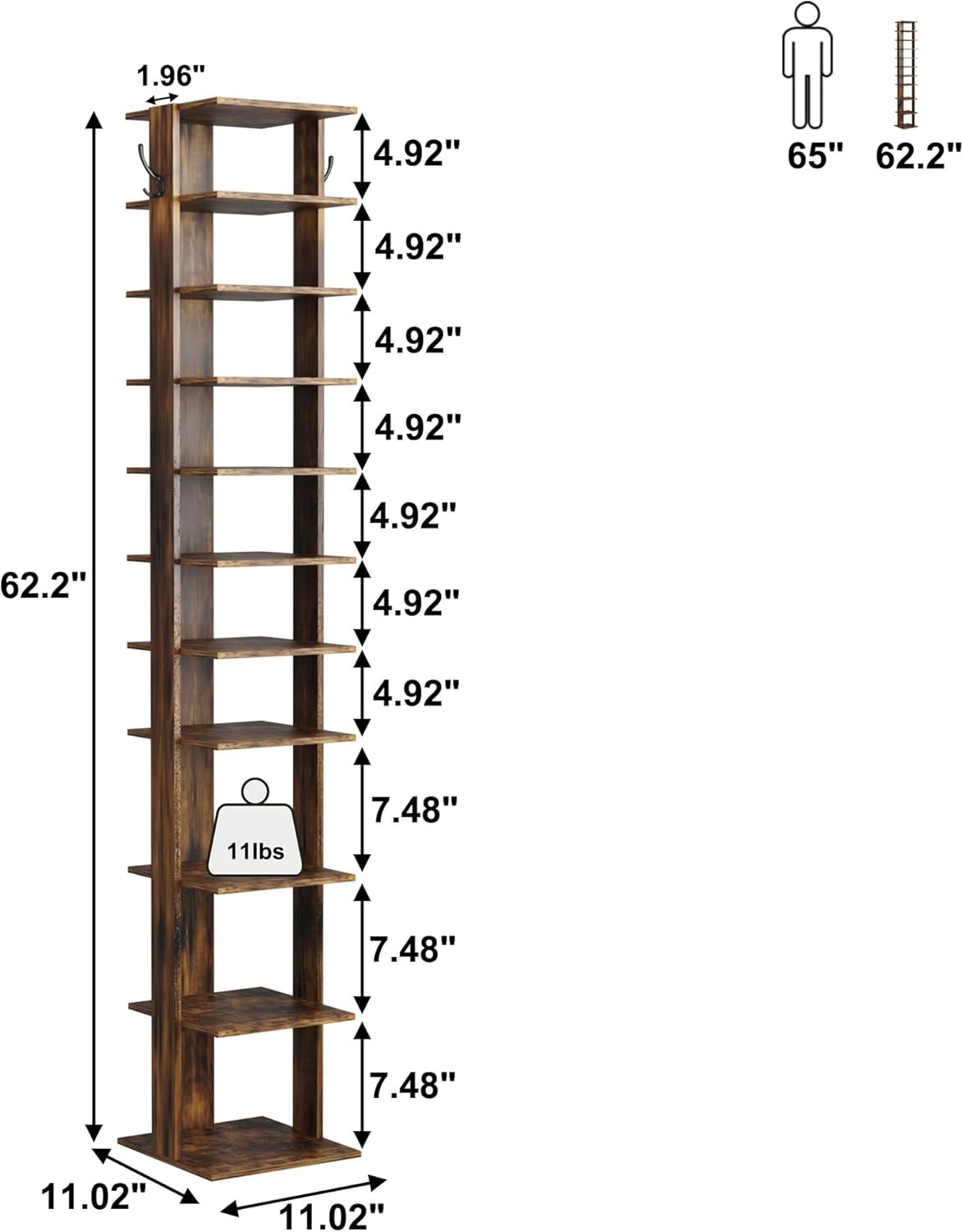 HOMEFORT 10-Tier Vertical Shoe Rack, Corner Shoe Tower, Slim Shoe Organizer with Two Hanging Hooks, Wooden Shoe Storage Stand for Entryway, Hallway, Closet, Rustic Brown