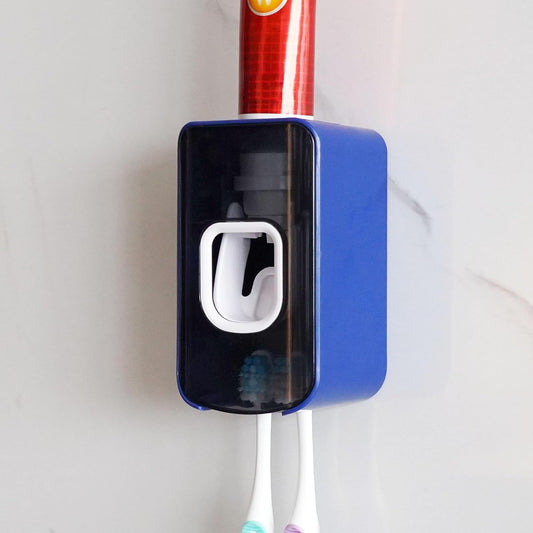 2 Slot Toothbrush Holder and Toothpaste Dispenser Wall Mounted, Automatic Toothpaste Squeezer, 2 in 1 Tooth Brush Toothpaste Organizer for Shower (Dark Blue)