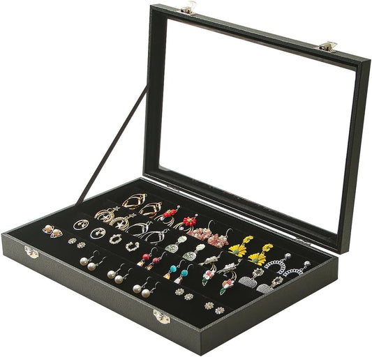 Coward Earring Organizer Tray Box, Black Velvet Earring Jewelry Display Storage Tray Case with Transparent Glass Lid for Home Drawer or Shop Selling