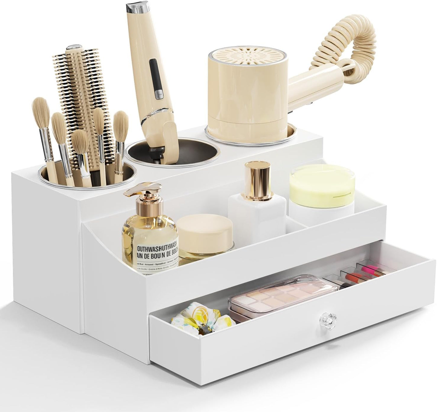 Acrylic Hair Dryer Holder with Drawer, Bathroom Organizer Countertop Drawers with 3 Stainless Cups, Makeup Vanity Accessories, Hair Hot Tools Organizer, Toiletry, White