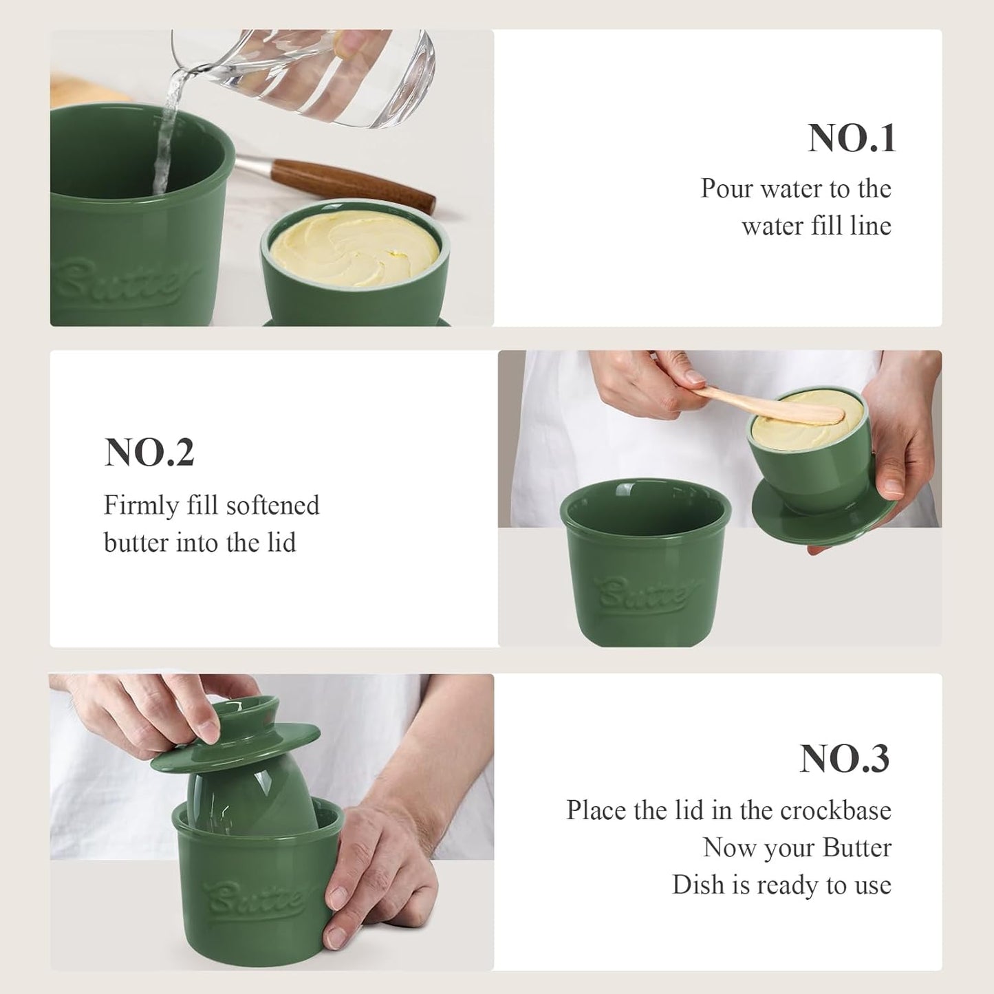 Butter Crock for Counter with Water, French Butter Keeper for Spreadable Butter Ceramic Butter Dish with Lid for Countertop, Butter Container Holder, Home Kitchen Decor (Green, M)