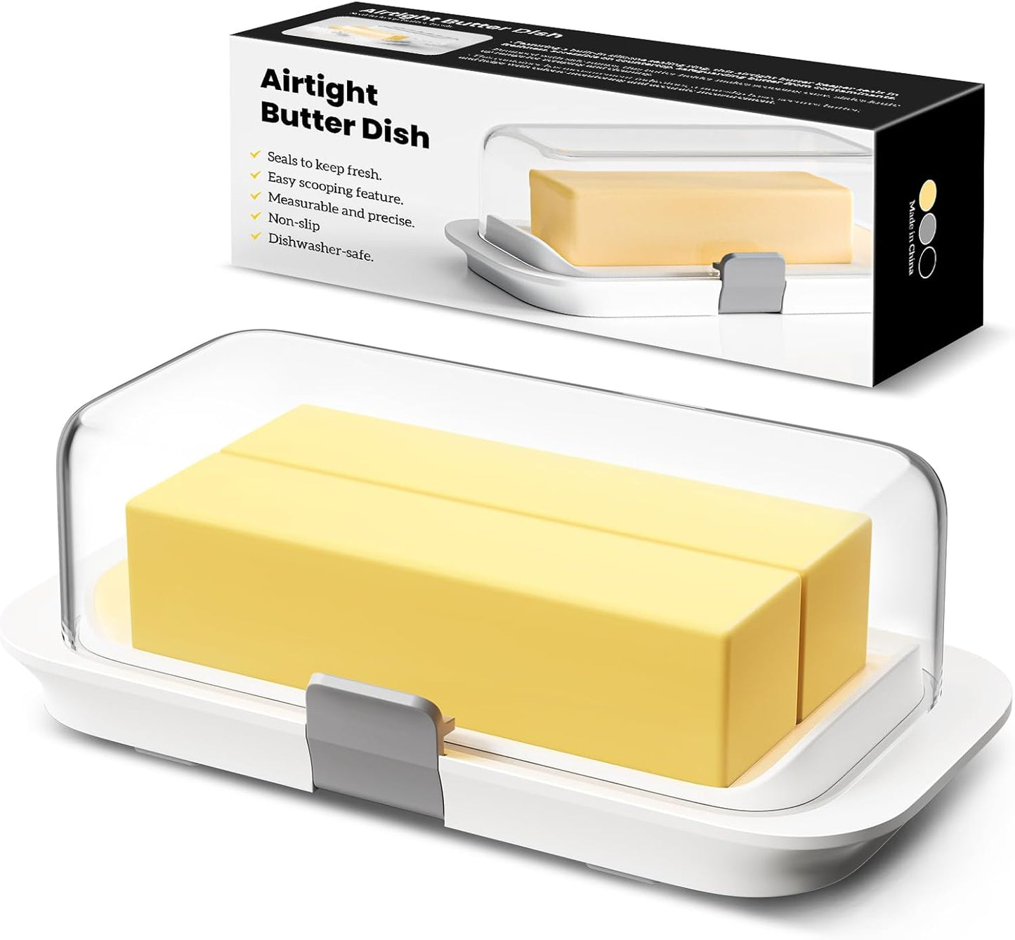 Pisol Large Butter Dish with Lid for Countertop and Fridge Refrigerator Door Shelf, Airtight 250g Butter Keeper for East Coast/West Coast/European/Kerrygold Butter/French Butter/Cream Cheese