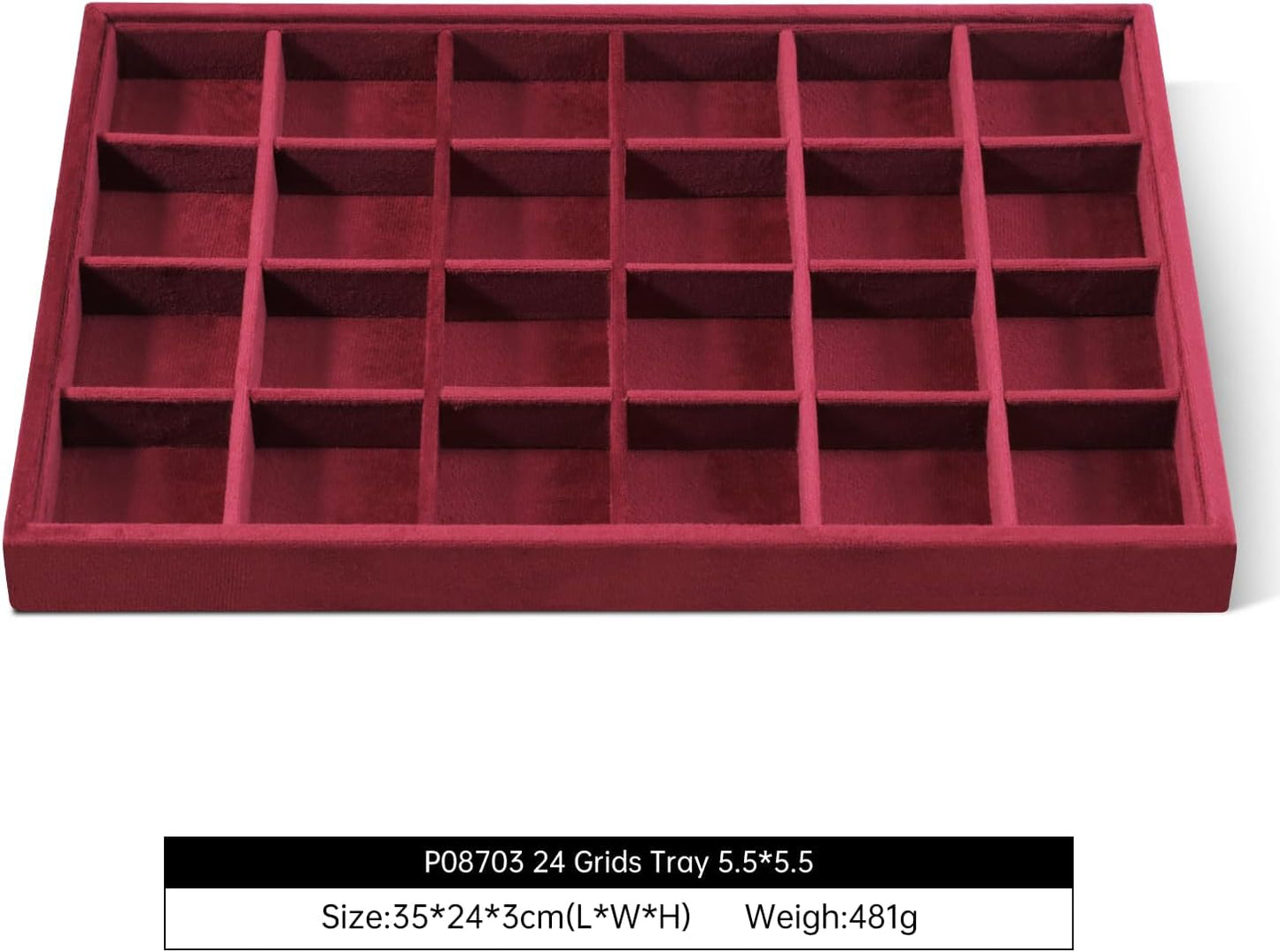 Velvet Stackable Jewelry Display Tray, 24 Grid Earring Ring Storage Tray, Drawer Divider Jewelry Accessories Organizer Plate (Red)