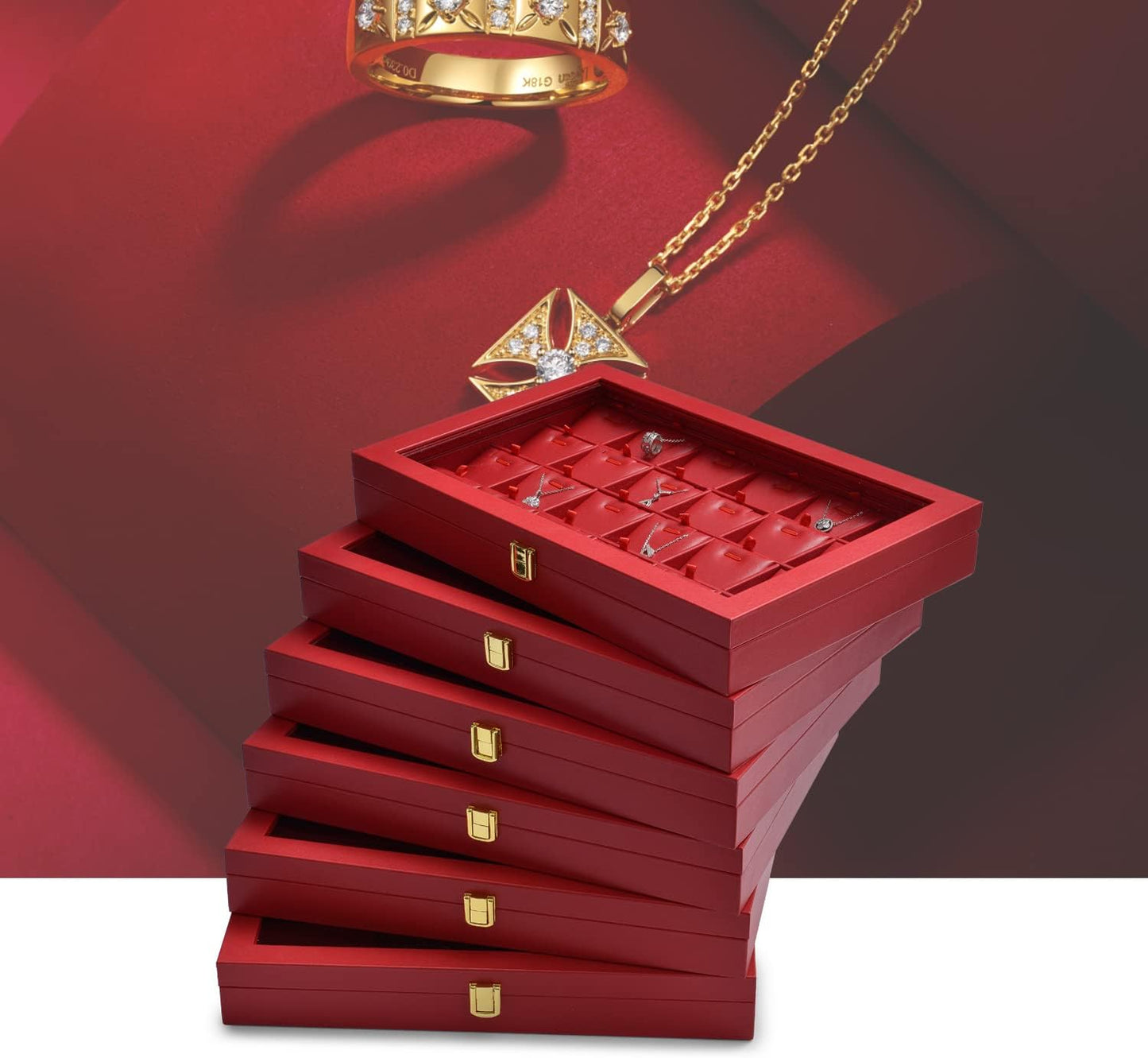Oirlv Luxury Leather Rings Earrings Organizer Tray with Clear Lid Jewelry Display Box with Acrylic Lid Stackable Jewelry Box Drawer Inserts