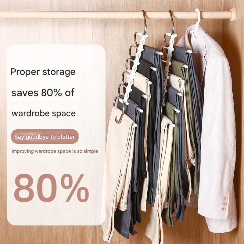 Space-Saving 6-Tier Metal Pants Hanger with Non-Slip Coating, Pack of 2, 12 Hooks Included, Stainless Steel Design, Can Reduce 80% of Clutter, for Holidays - White