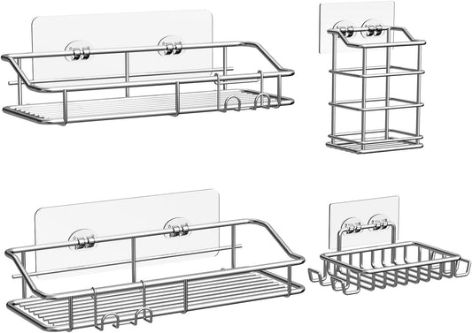 Nieifi Shower Caddy Shelf with Hooks Storage Rack Organizer Adhesive Stainless Steel without Drilling for Bathroom, Lavatory, Washroom, Restroom, Shower, Toilet, Kitchen (Sliver, 4 Pack)