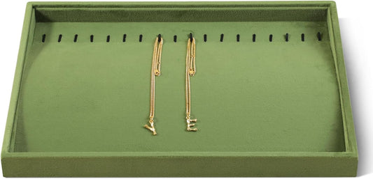 Velvet Jewelry Display Tray For Bracelet Pendant Necklace, Multi-Slot Stackable Storage Tray For Long Chain Jewelries, Drawer Insert Jewelry Organizer (Olive Green)