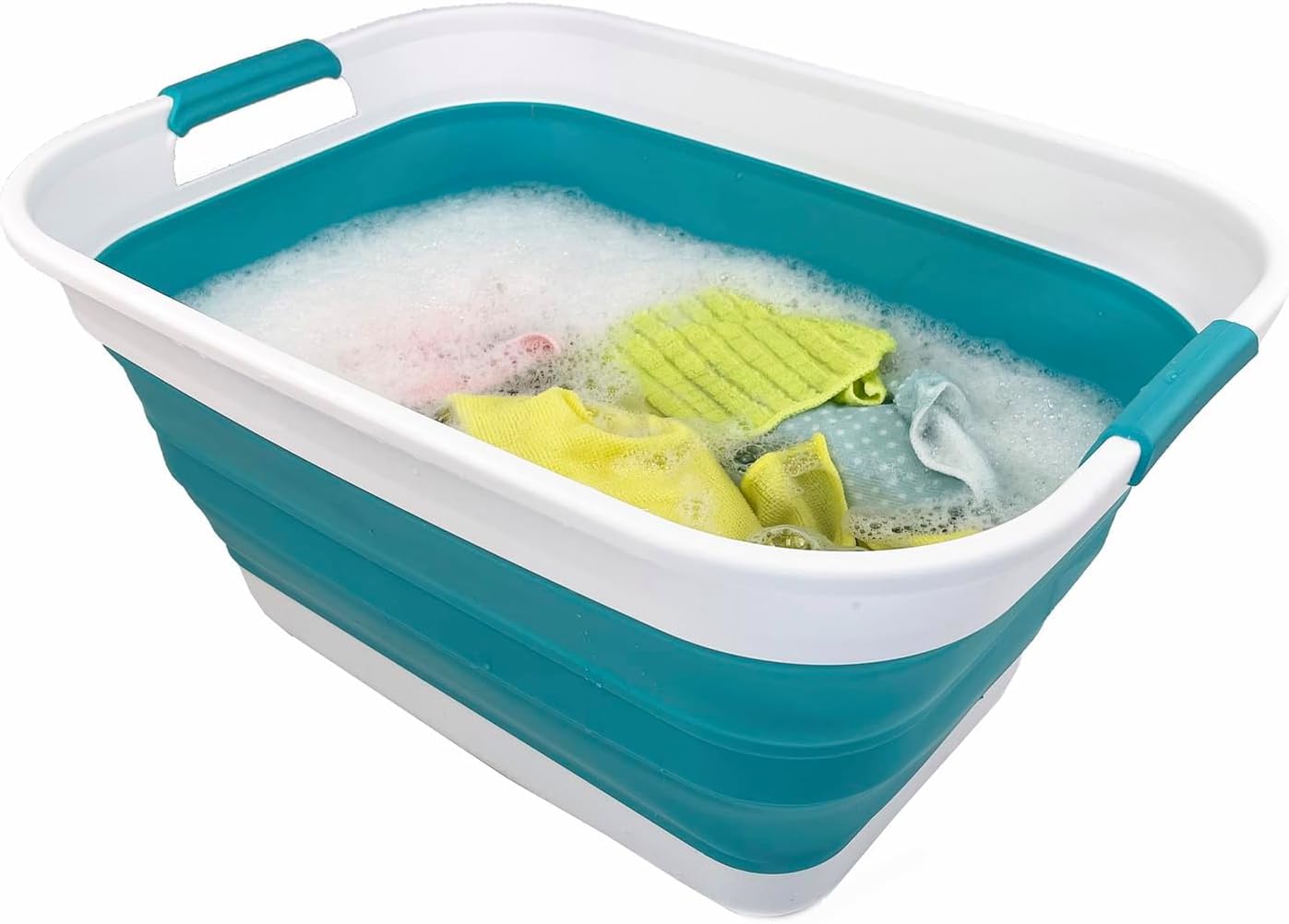 SAMMART 27L (7.1 Gallons) Collapsible Plastic Laundry Basket with Handle-Foldable Pop Up Storage Basket with handle (1, White/Ceramic Blue)