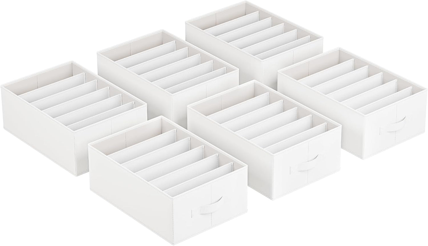 SONGMICS Set of 6 Large Size Wardrobe Clothes Organizers, 6-Compartment Foldable Drawer Organizers with Handles, 16.5 x 11.8 x 6.7 Inches, for Pants, Sweaters, Jeans, Cloud White URUS009W03