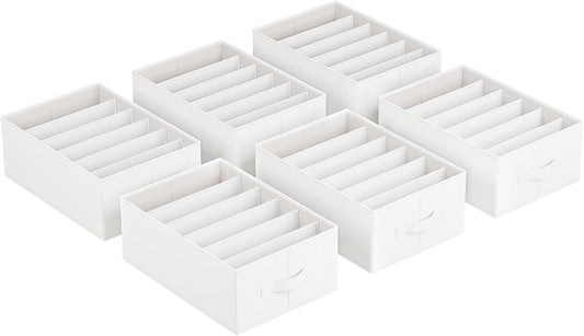 SONGMICS Set of 6 Large Size Wardrobe Clothes Organizers, 6-Compartment Foldable Drawer Organizers with Handles, 16.5 x 11.8 x 6.7 Inches, for Pants, Sweaters, Jeans, Cloud White URUS009W03