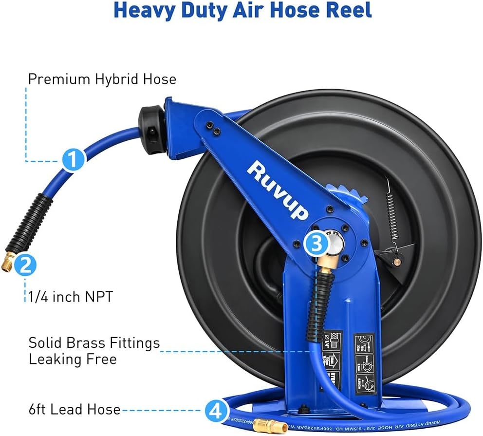 Ruvup Retractable Air Hose Reel, 3/8" x 75ft Air Compressor Hose Reel Auto Rewind Hybrid Hose Max 300PSI with 6.5ft Lead Hose Heavy Duty Steel Double Arm with 12-Position Ratchet Lock