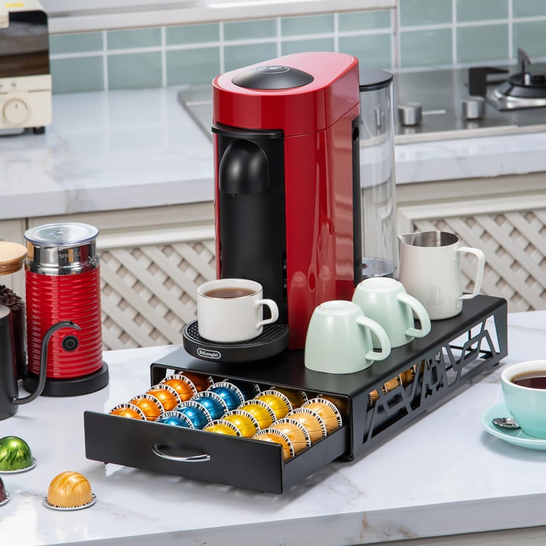 FlagShip Vertuo Pod Holder- Modern Black Metal Coffee Capsule Organizer & Space-Saving Pod Storage for Coffee Machines, Generous 40 Vertuo Pods Capacity