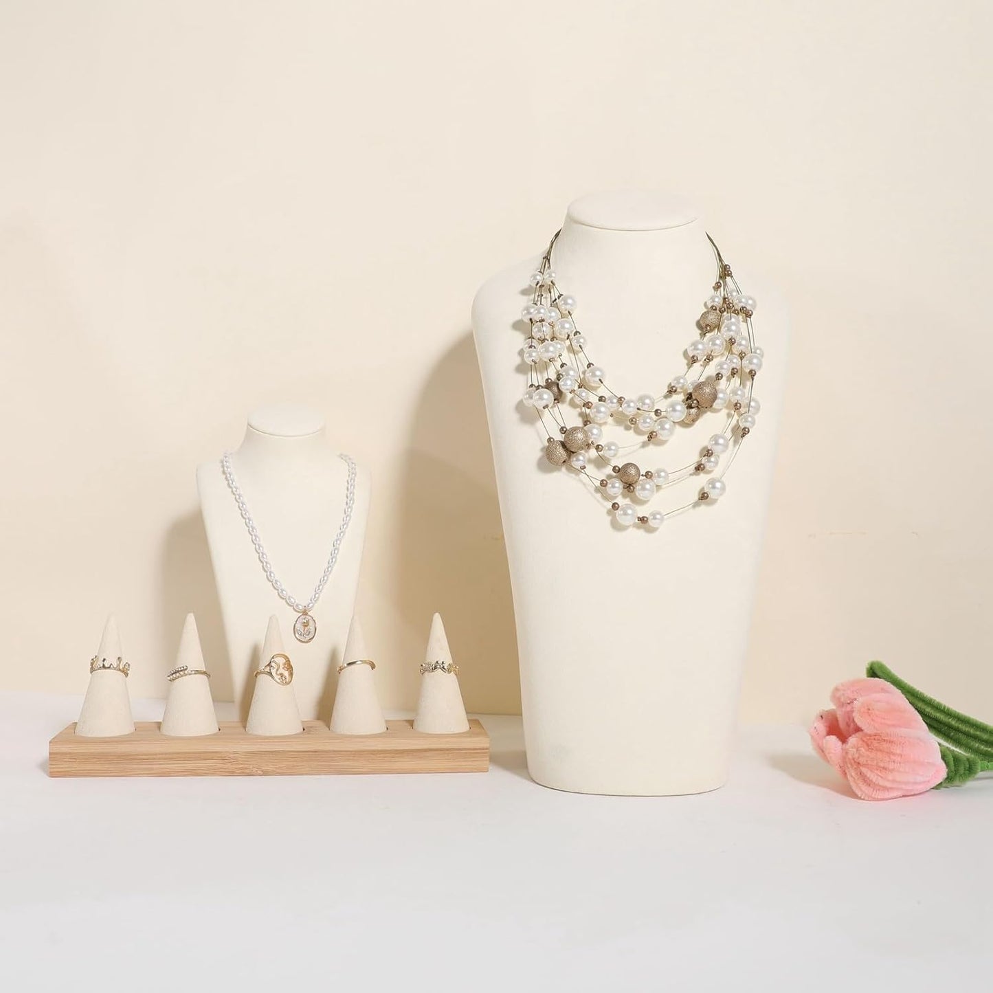 GemeShou Beige necklace hanger jewelry organizer, Velvet jewelry stand necklace holder, jewelry mannequin bust for necklaces, Jewelry boutique store photography props【Beige-Large height 11.8 inch】