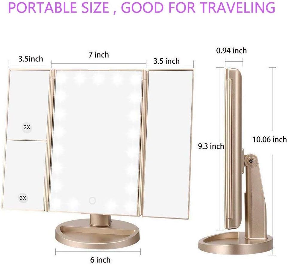 deweisn Floor Mount Tri-Fold Lighted Vanity Mirror with 21 LED Lights, Touch Screen and 3X/2X/1X Magnification, Two Power Supply Modes Make Up Mirror,Travel Mirror