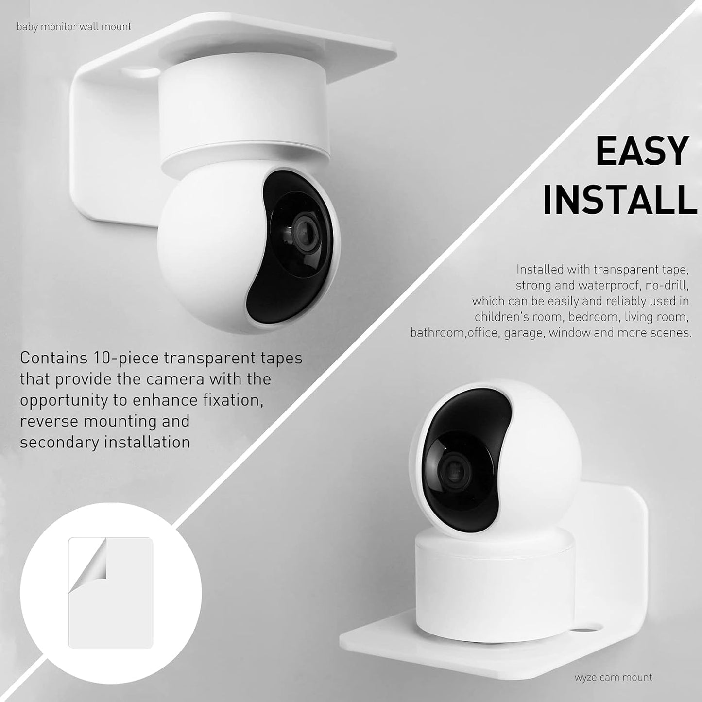 OAPRIRE White Floating Wall Shelves Set of 3 for Security Cameras, Baby Monitors, Speakers & More - Universal Acrylic Small Wall Shelf with Cable Clips, 10-Piece Strong Tapes, No Drill