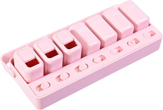 Pill Organizer Easy-Slide Lid, Removable 7 Day 1 Time a Day Pill Box, Large Travel Pill Case, Week Once Daily Medication Dispenser, Pill Container Holder for Supplement, Vitamin, Pink