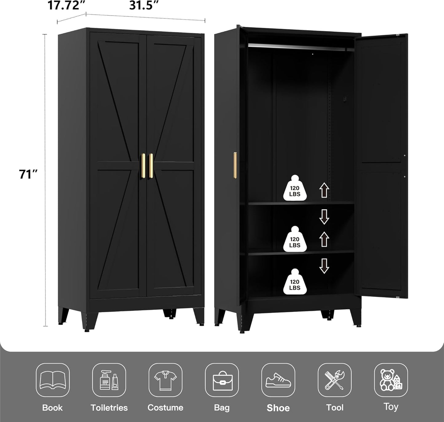 71" Tall Metal Wardrobe Closet with Adjustable Shelves and Hanging Rod, 2 Doors Free Standing Armoire Wardrobe Cabinet for Bedroom, Office, Laundry Room, Black