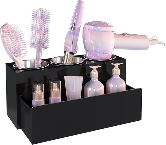 Hair Tool Organizer, Acrylic Hot Hair Styling Tool Organizer with 3 Cups, Hair Dryer Holder for Bathroom Organization Bedroom Vanity Countertop Caddy Storage Curling Iron Stand (Glossy Black)