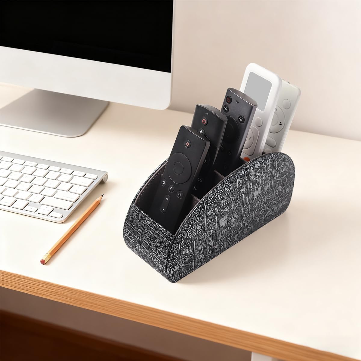 Remote Control Holder with 5 Compartments, Upgraded PU Leather TV Remote Caddy Desktop Organizer for Easy Store and Take Remote Controllers, Office Supplies, Media Accessories(Retro Silver)