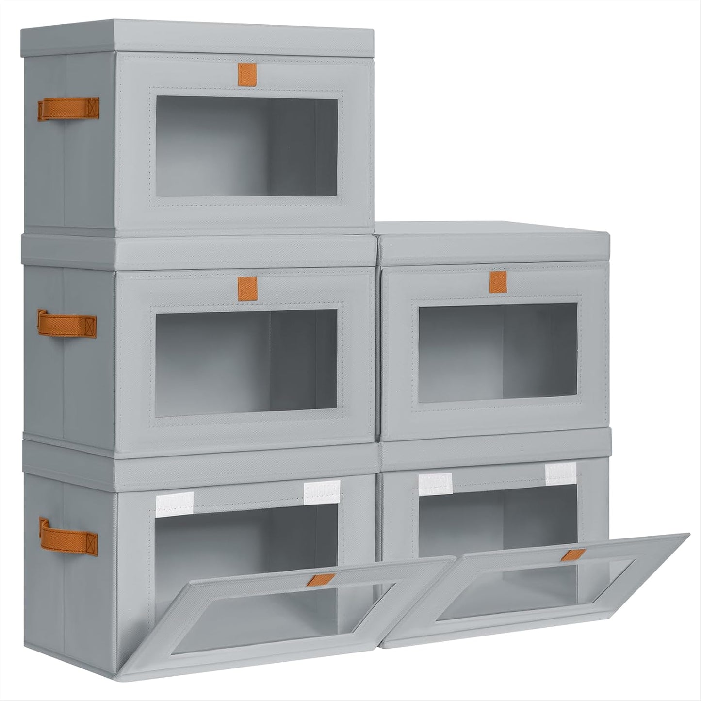 Small Fabric Storage bins - Collapsible Storage Bins with Open Window, 5 Pack Closet Baskets for Shelves, Stackable Decorative Boxes for Home, Dorm, Grey, 13.7"x 9.8" x 9.8"