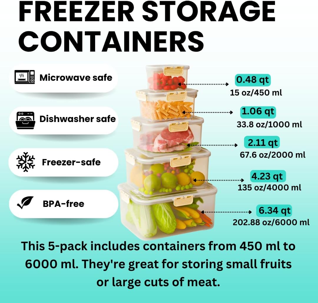 5-Pack Fruit Containers for Fridge Keep Fresh – Airtight Food Containers with Lids, Produce Saver with Removable Colander, Fridge Organizers, Microwave & Dishwasher Safe (Cream)