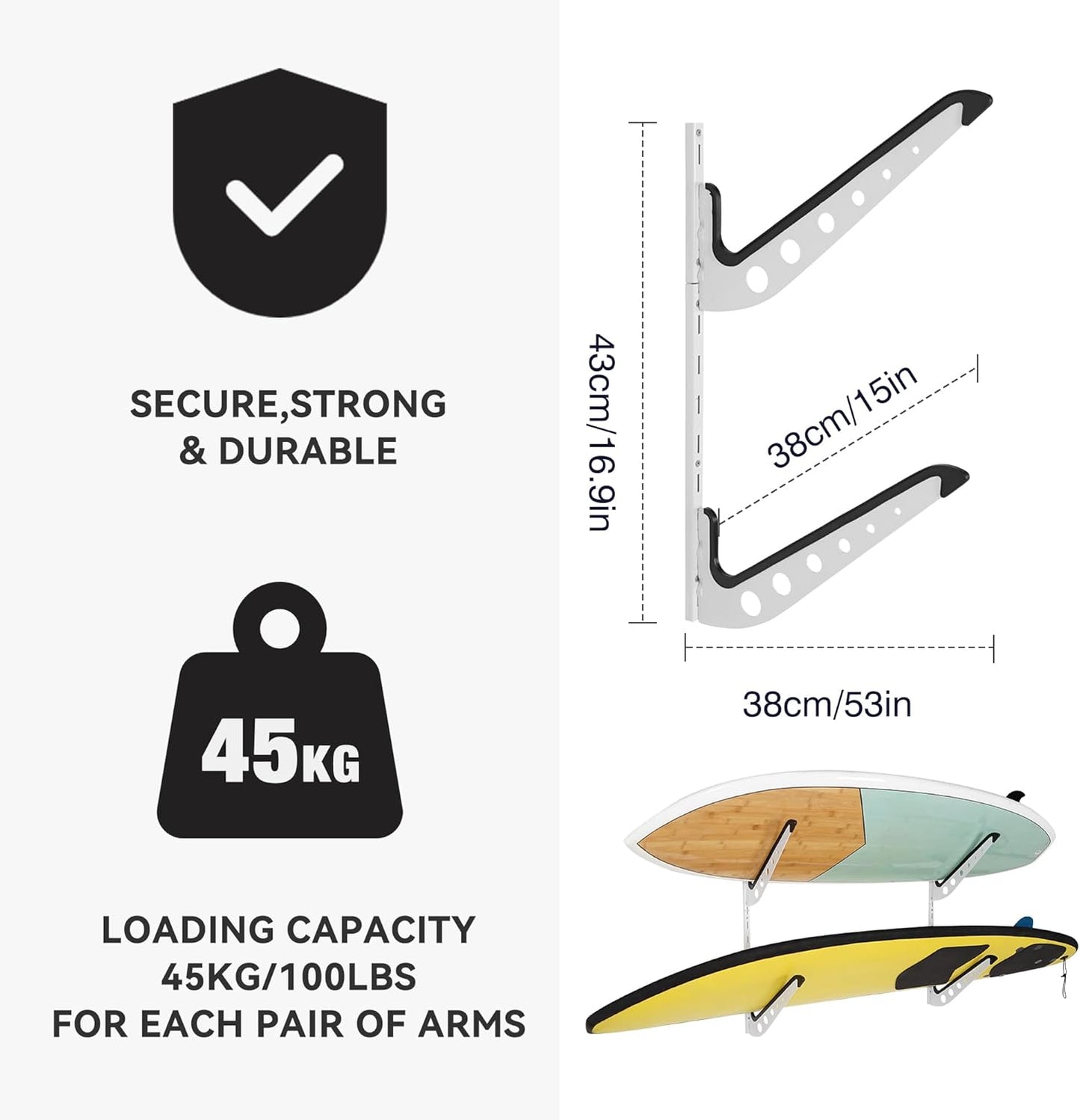 2 Board Surf Rack Wall Mount for Surfboard, Wakeboard, Snowboard Storage Adjustable Wall Hangers Boards Display