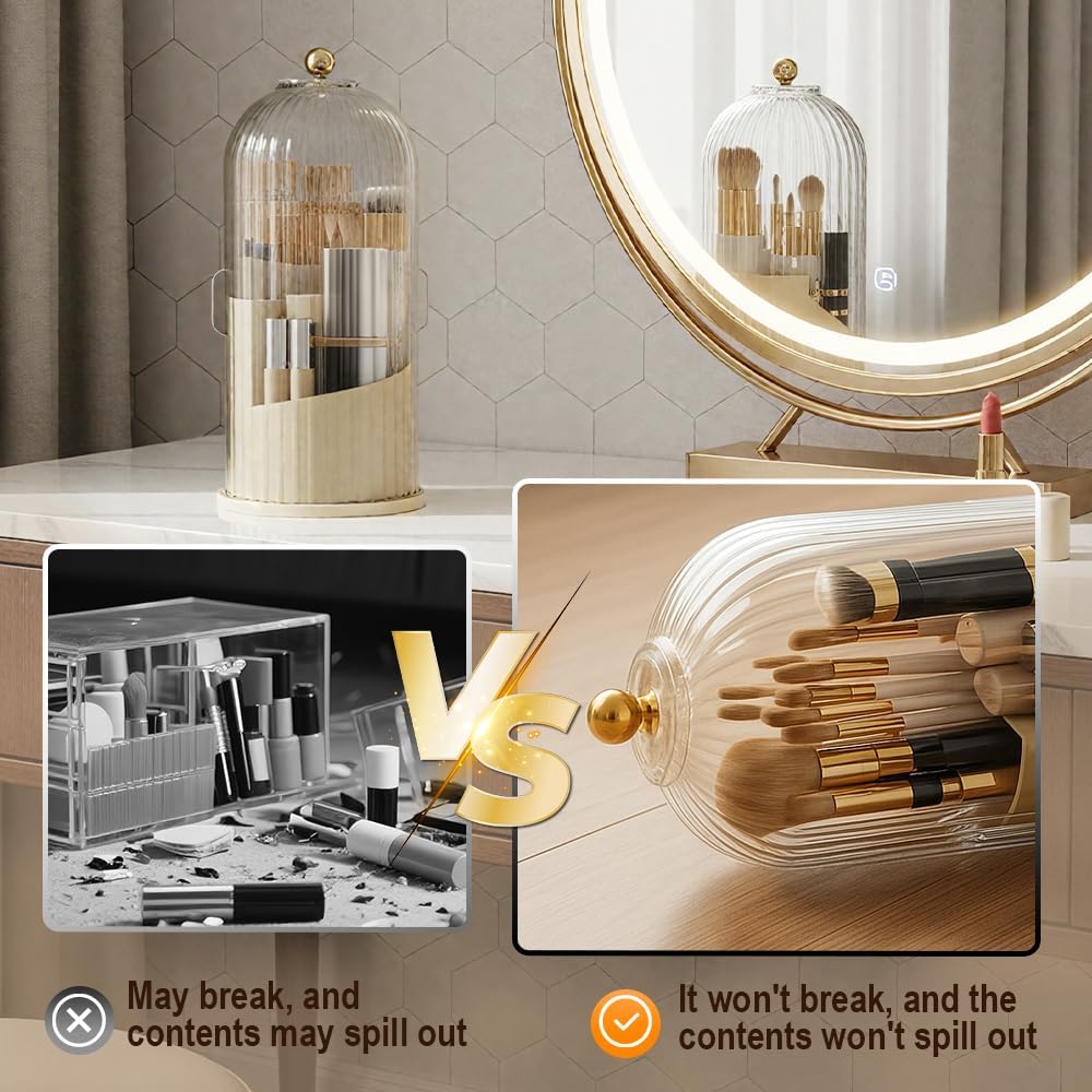 Covered 360° Rotating Makeup Brush Holder, Makeup Organizers with Lid, Clear Cover Brush Holder with Transparent Door Lid for Desktop, No Dust Toothbrush Holders for Vanity and Bath (Clear white)