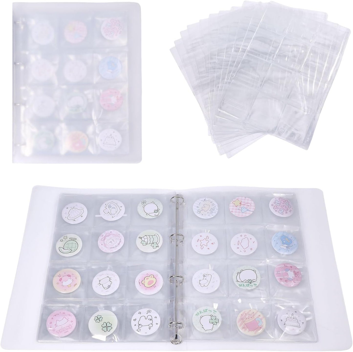 FREEBLOSS 144 Pocket Buttons Badge Pin Storage Book Transparent PVC Button Pins Display Album 12 Sheet Pin Pocket Pages Ring Binder Collection Holder for Pins Collection Display